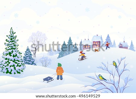 Vector cartoon illustration of a winter scene in a small snowy village with playing kids