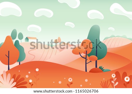 Vector illustration in flat linear style - autumn background - landscape illustration with plants, trees and copy space for text - for autumn banners