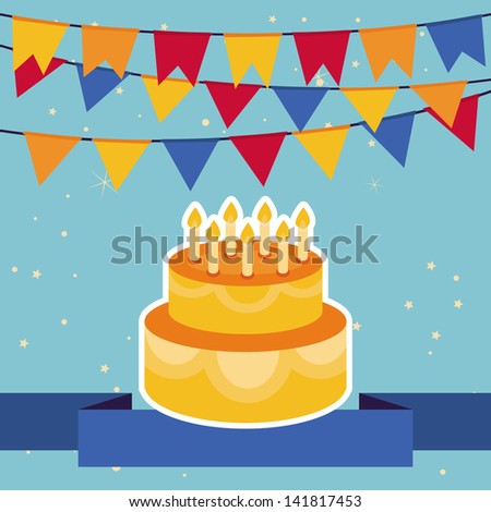 Vector holiday background with bright flags and birthday cake -frame for greeting card