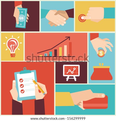 Vector set of hands - clients purchasing work in flat retro style - stock vector