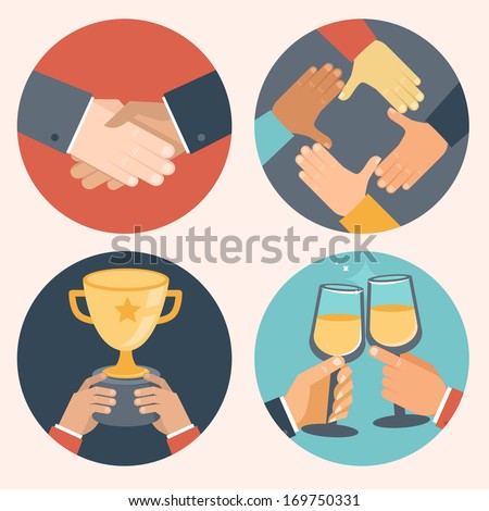 Vector concepts in flat style - partnership and cooperation. Business icons - handshake, cooperation, victory and celebration