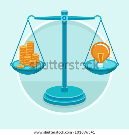 Idea is money - vector concept in flat style - golden coins and idea on the weigher