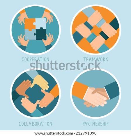 Vector teamwork and cooperation concept in flat style - partnership and collaboration icons - businessmen hands