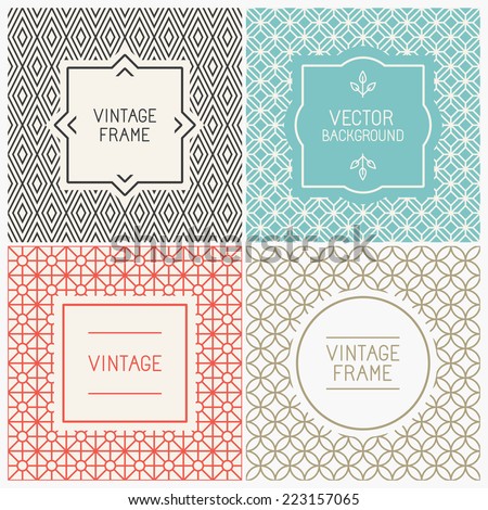 Vector mono line graphic design templates - labels and badges on decorative backgrounds with simple patterns