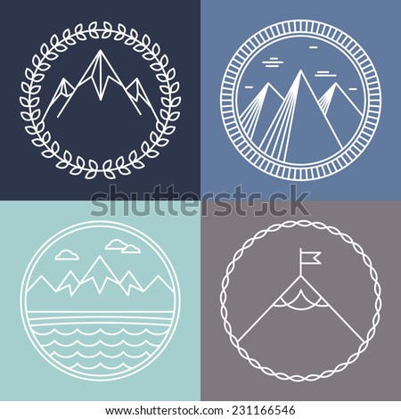 Vector mountain logos and emblems in outline style abstract design elements and round badges Vector mountain logos and emblems in outline style abstract design elements and round badges