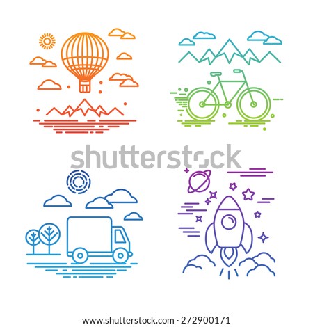 Vector travel and transportation concepts in trendy linear style - air balloon, bicycle, car and space ship