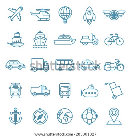 Vector transportation and logistics icons and signs in trendy mono line style - outline illustrations - different vehicles