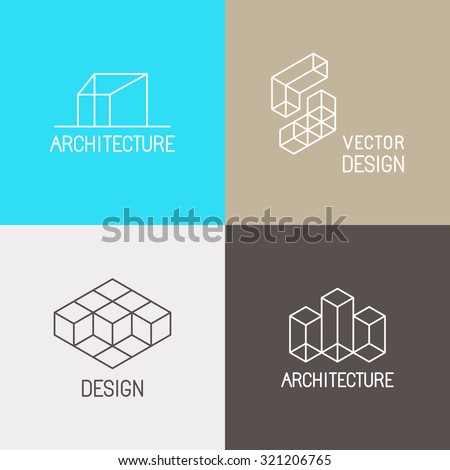 Vector set of logo design templates in simple trendy linear style for architecture studios, interior and environmental designers - mono line icons and signs