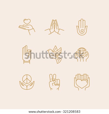 Vector set of icons in trendy linear style related to religion and peace - hands and fingers
