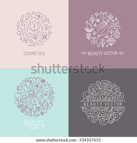 Vector set of emblems, badges and logo design templates for beauty shops, organic cosmetics and natural skin care products in trendy linear style