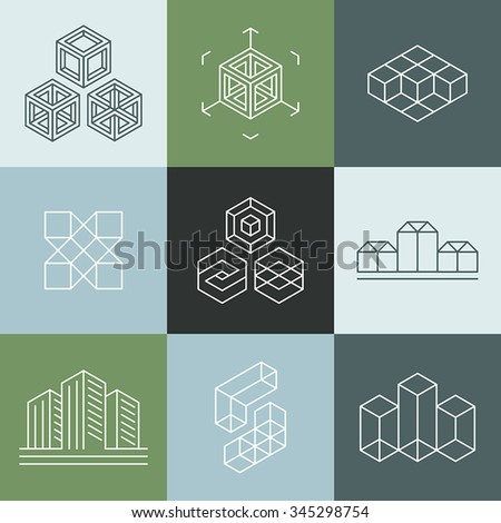 Vector set of logo design templates in trendy simple linear style - emblems and signs for architecture studios, object designers, new media artists and augmented reality start-ups