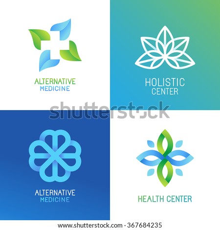Vector set of abstract logos and emblems - alternative medicine concepts and health centers insignias in gradient blue and green colors