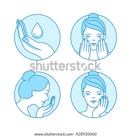 Vector set of linear icons, illustrations and infographics design elements - skin care and cleansing - woman\'s face with cream and lotion- beauty and cosmetics packaging emblems