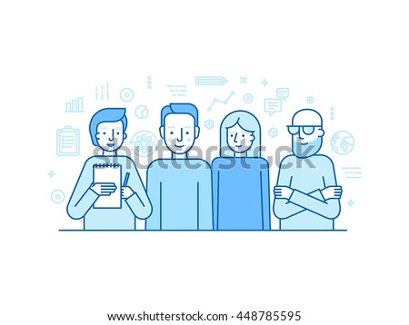 Vector illustration in trendy flat linear style - creative team - businessman, copywriter, graphic designer and programmer - human resources and teamwork concept for banner or landing page