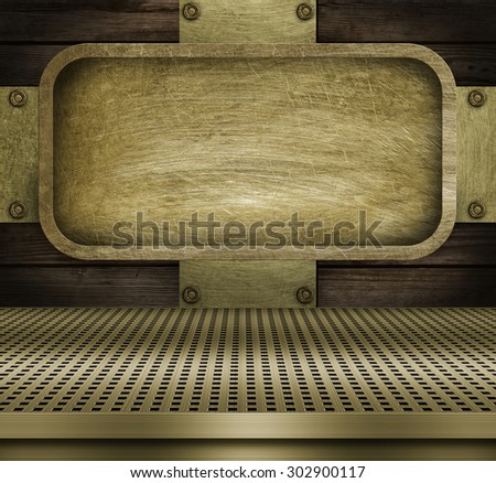 floor and room rivets plate metal brass on wood texture background. ready for product display montage.