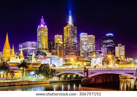 Federation Square and Melbourne City as seen from South Bank at night with all the city lights