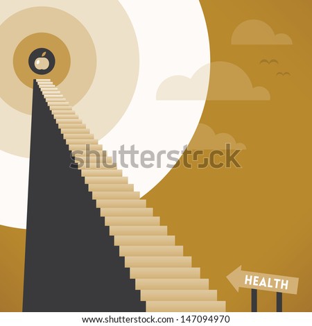 Staircase to Health. Abstract staircase with shining apple on the top. Idea - Long way to Health, Vegetarian and Raw Foodism healthy lifestyle concepts.