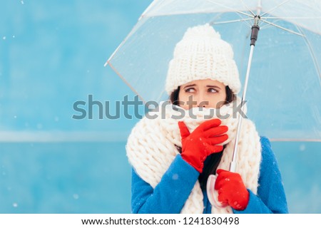 Sad Sick Winter Woman Holding Transparent Umbrella. Girl fighting illness feeling cold and under the weather