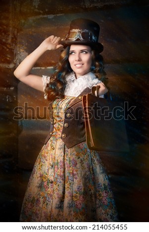 Steampunk Girl with Leather Portfolio Bag - Portrait of a young woman wearing a steampunk outfit and holding a portfolio bag
