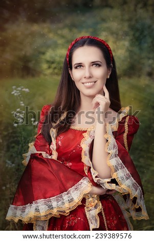 Beautiful Medieval Princess Smiling - Portrait of a happy beautiful Renaissance queen in red royal dress