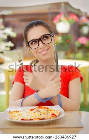 Funny Woman with Hands Tied with Measure Tape - Beautiful girl on diet trying to eat a pizza