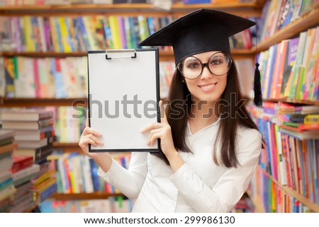 Happy School Student Holding Blank Clipboard - Portrait of a school graduate woman with graduation cap and big glasses