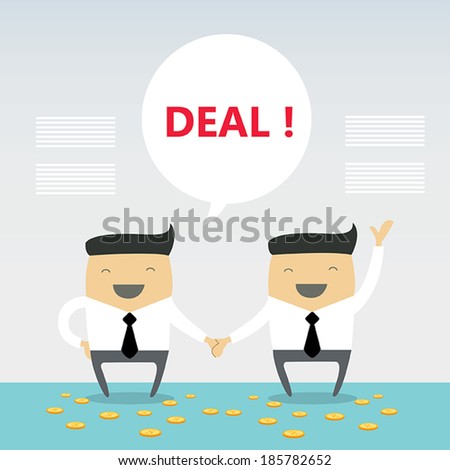 Business people shaking hands. Businessmen making a deal and think about profit. Vector illustration