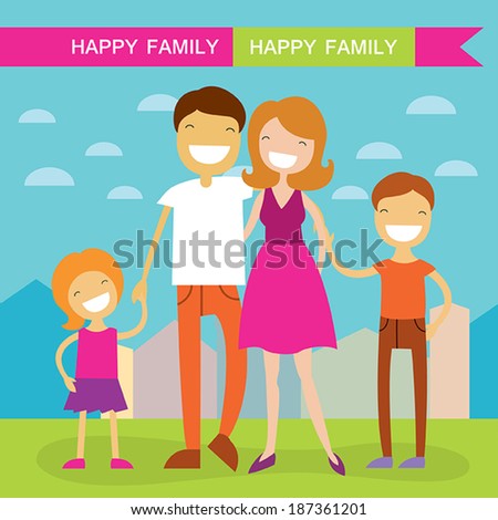 Happy family of four members parents their son and daughter Lovely cartoon characters on nature sunny summer day background.Vector illustration Happy family of four members parents their son and daughter Lovely cartoon characters on nature sunny summer day background.Vector illustration