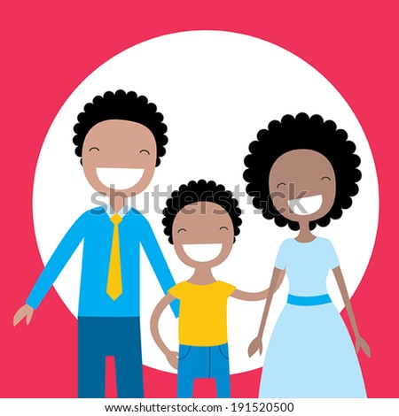 Happy African American Family: Parents And Their Son. Lovely Cartoon