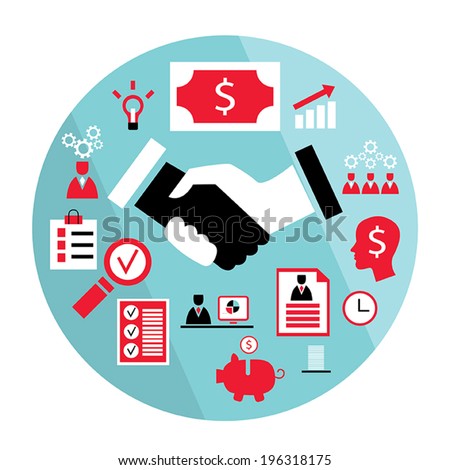 Flat design business elements: handshake, saving money,piggy bank, partnership concept and etc. Vector illustration.