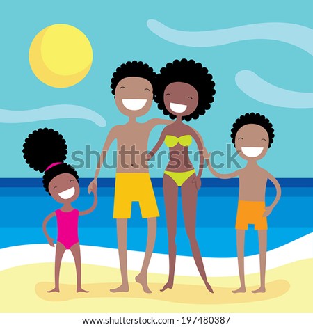 Happy African American Family On The Beach. Summer Vacation, Holidays