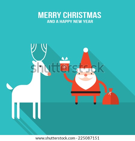 Cute Santa Claus with presents and Christmas deer New Year Holiday greeting card banner design template Vector illustration Cute Santa Claus with presents and Christmas deer New Year Holiday greeting card banner design template Vector illustration