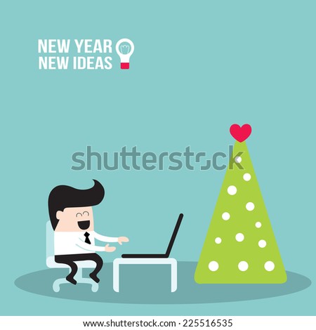 Happy businessman  working on laptop in Holiday season. Merry Christmas to business people. New Year - New Ideas, successful business concept. Vector illustration