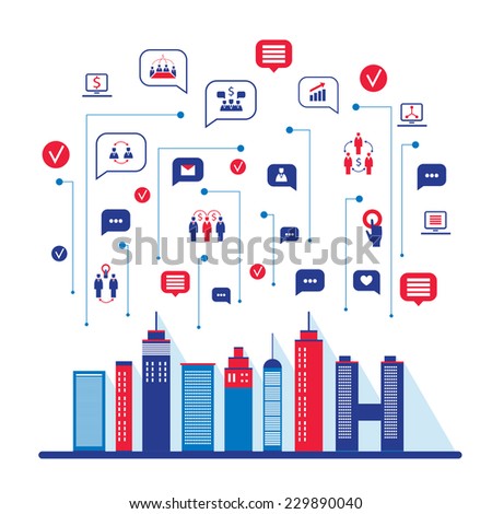 City social network Urban landscape filled with business icons communication concept City infographic elements Vector illustration City social network Urban landscape filled with business icons communication concept City infographic elements Vector illustration