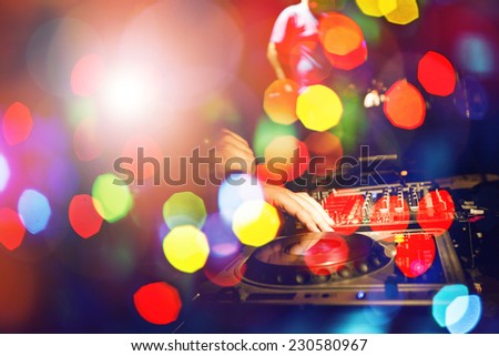 DJ Music night club,music star dj background,disco party  ,colorful bokeh background, night clubbing big party dj  ,mixette dj