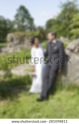bride and groom standing on green grass,abstract blurred wedding background,love and marriage background