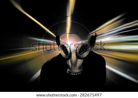 man with a gas mask in neon colors,disco and party night unusual