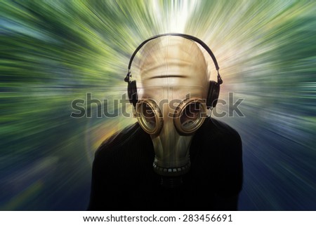 man with a gas mask in neon colors and colorful bokeh ,disco and party night unusual