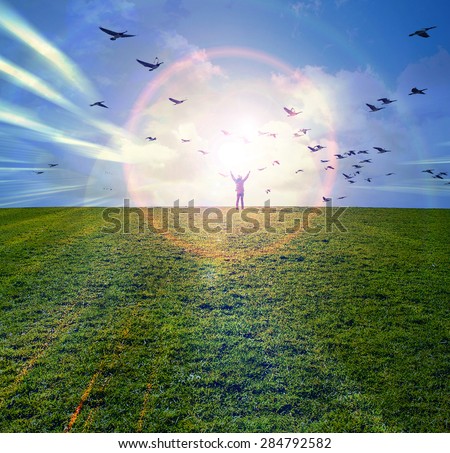 Silhouette of young man standing with hands open wide on the top of green field under sunset skies and bird flying above ,freedom , success and freedom concept