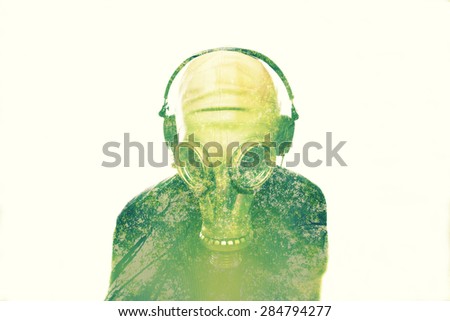 man with a gas mask  ,disco and party night,party disco background,star dj night,double exposure