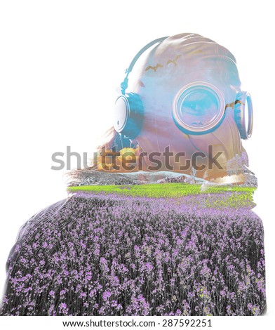 man with gas mask and headphones, grunge background,dj star party background,double exposure