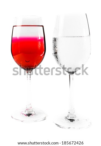 two wine glass and water drink with bright light isolated on white backgrounds
