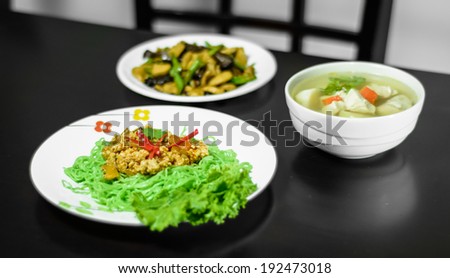 Jade Noodle and vegetable with dinner set on wood table thai style food dinner