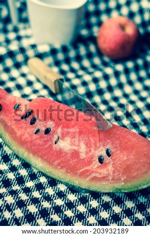 watermelon fruit and kitchen knife with retro filter on plaid fabric background at outdoor