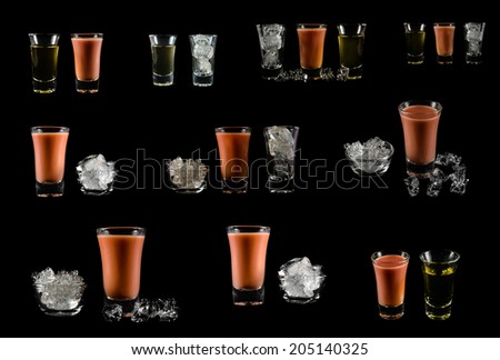 collection tea and carrot water drink with ice in glass isolated on black background