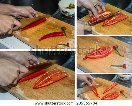 collection set hand women cut and cooking about red Paprika pepper on wood chopping board at home kitchen