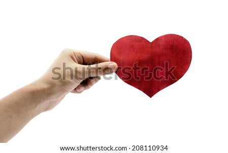 asian woman hand holding old dirt red Heart shape paper isolated on white