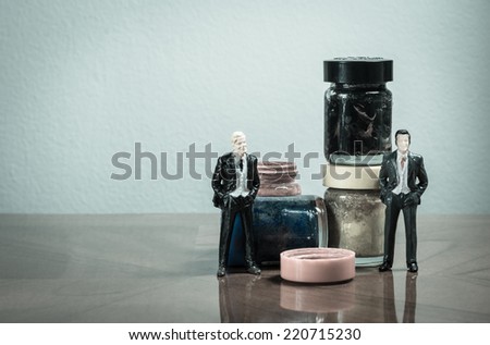 Miniature business people meeting and watercolor concept art tool with retro filter