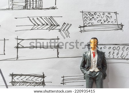 Miniature of businessman with sketch work paper concept about work   furniture