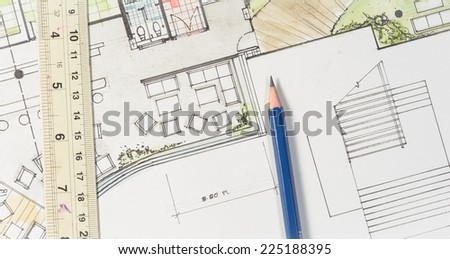 Interior works sketch paper about floor plan with ruler and pencil